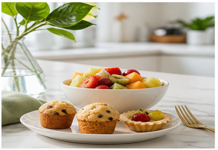 Goûter gourmand avec fruits et petites pâtisseries